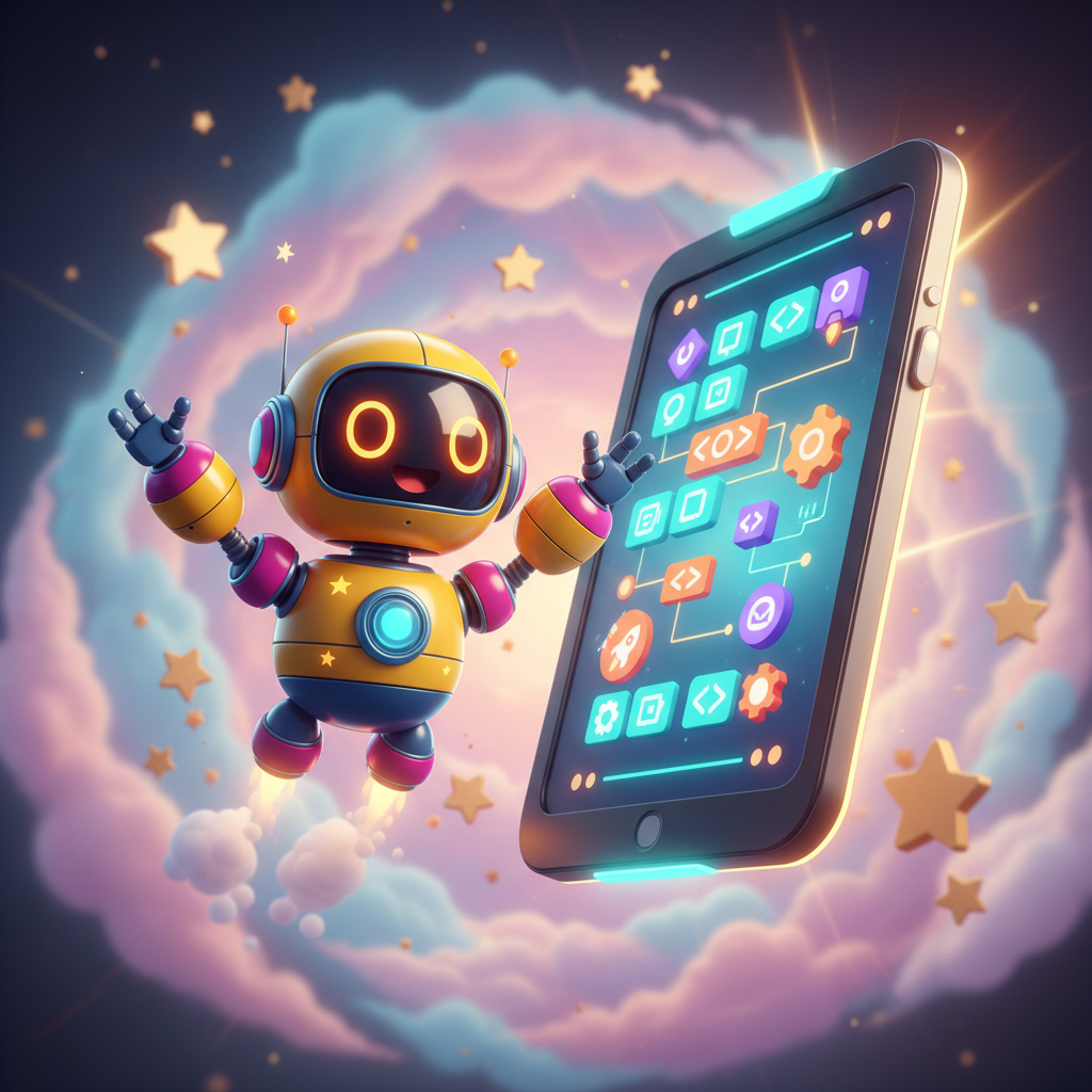 A cheerful cartoon-style robot constructed from shiny, rounded parts in vibrant yellows, blues, and magentas excitedly hovers beside a large, tablet-like screen. The screen displays bright, block-based code icons and whimsical graphics, set against an abstract backdrop of swirling, colorful clouds and pixelated stars. Rays of warm, artificial light create a playful gleam across the robot's surfaces, with pastel shadows softening the forms. The scene is composed with an energetic, off-center framing and a shallow depth of field, spotlighting the joyous robot and coding interface in a world that feels imaginative, accessible, and fun—perfect for visually representing a kid-friendly AI coding platform.